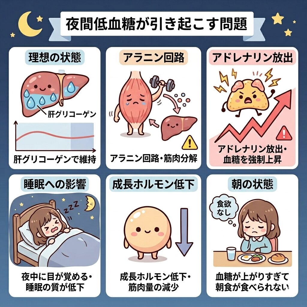 夜間低血糖が引き起こす問題を表したイラスト