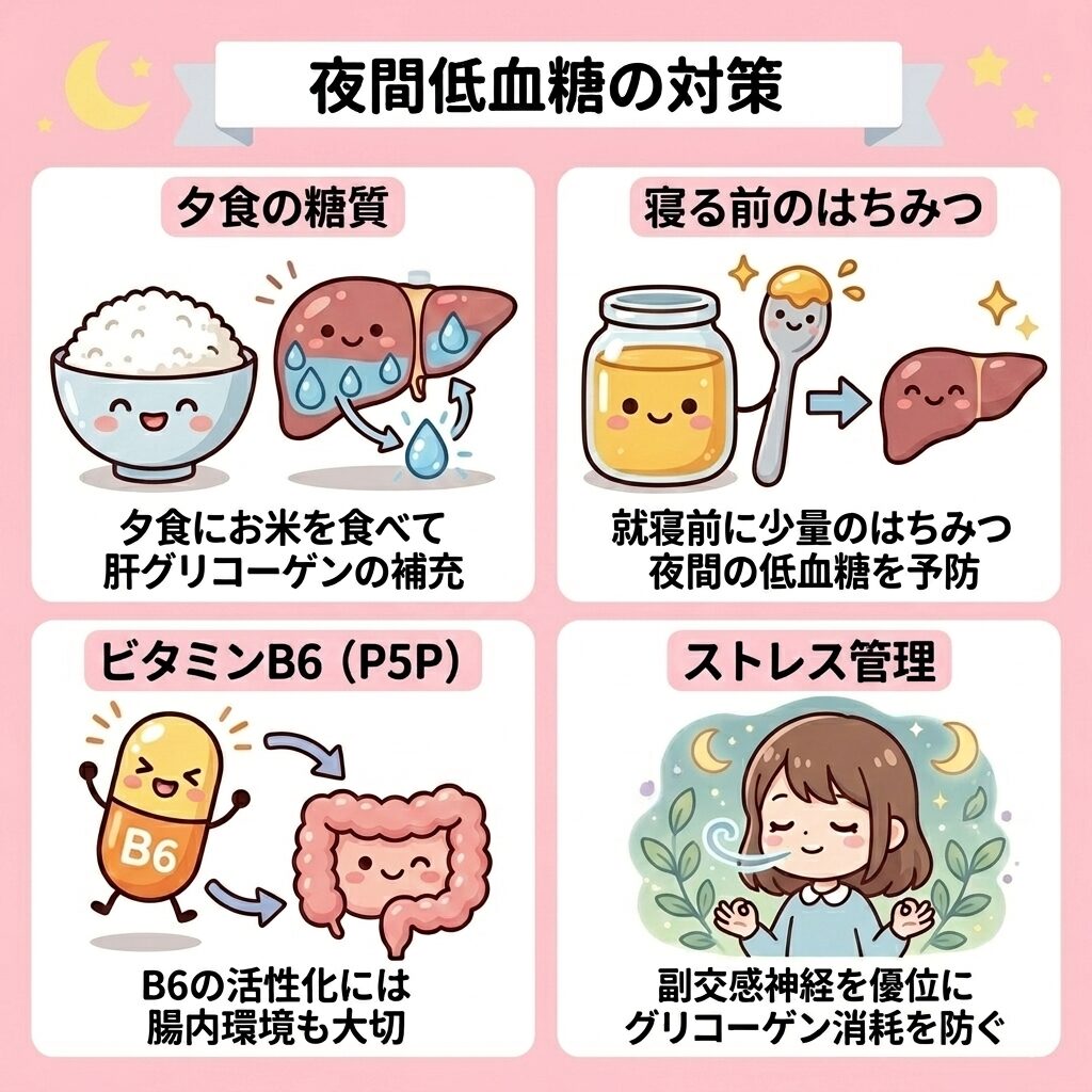 夜間低血糖の対策をまとめたイラスト