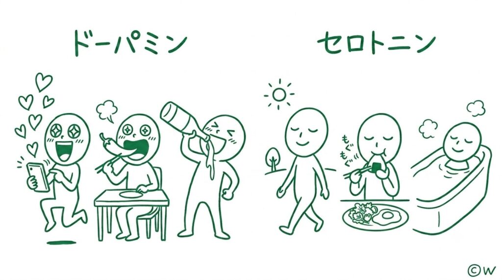 ドーパミン的幸せとセロトニン的幸せを表現したイラスト