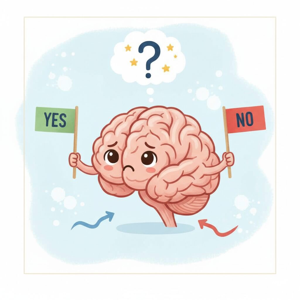 脳がチャレンジするかチャレンジしないかを「YES」「NO」の旗を持って迷ってる