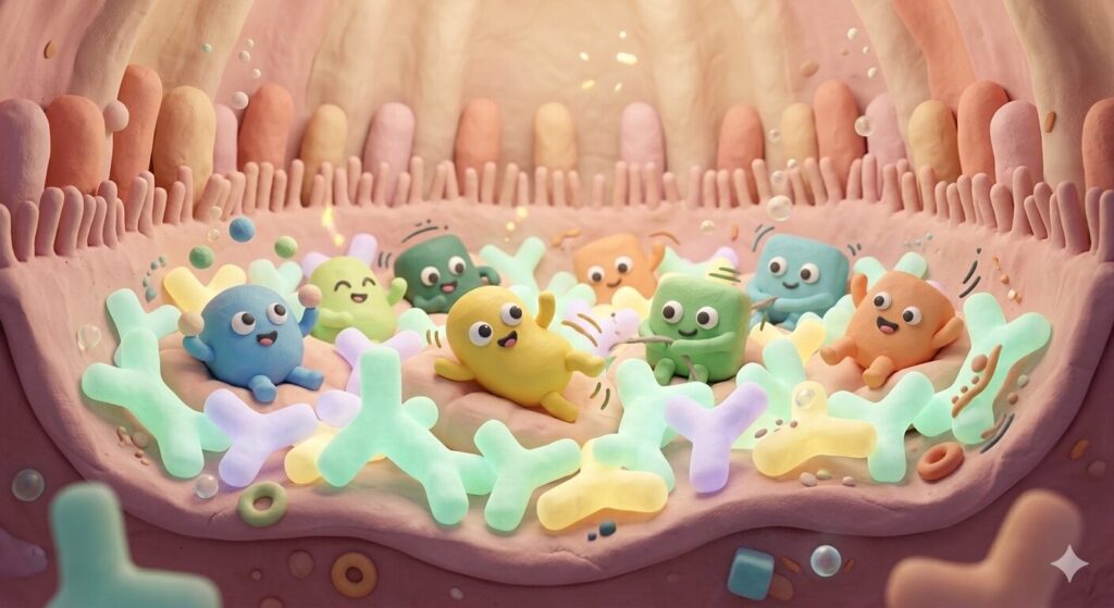 腸粘膜のIgAで腸内細菌が気持ちよく遊んでいるイラスト