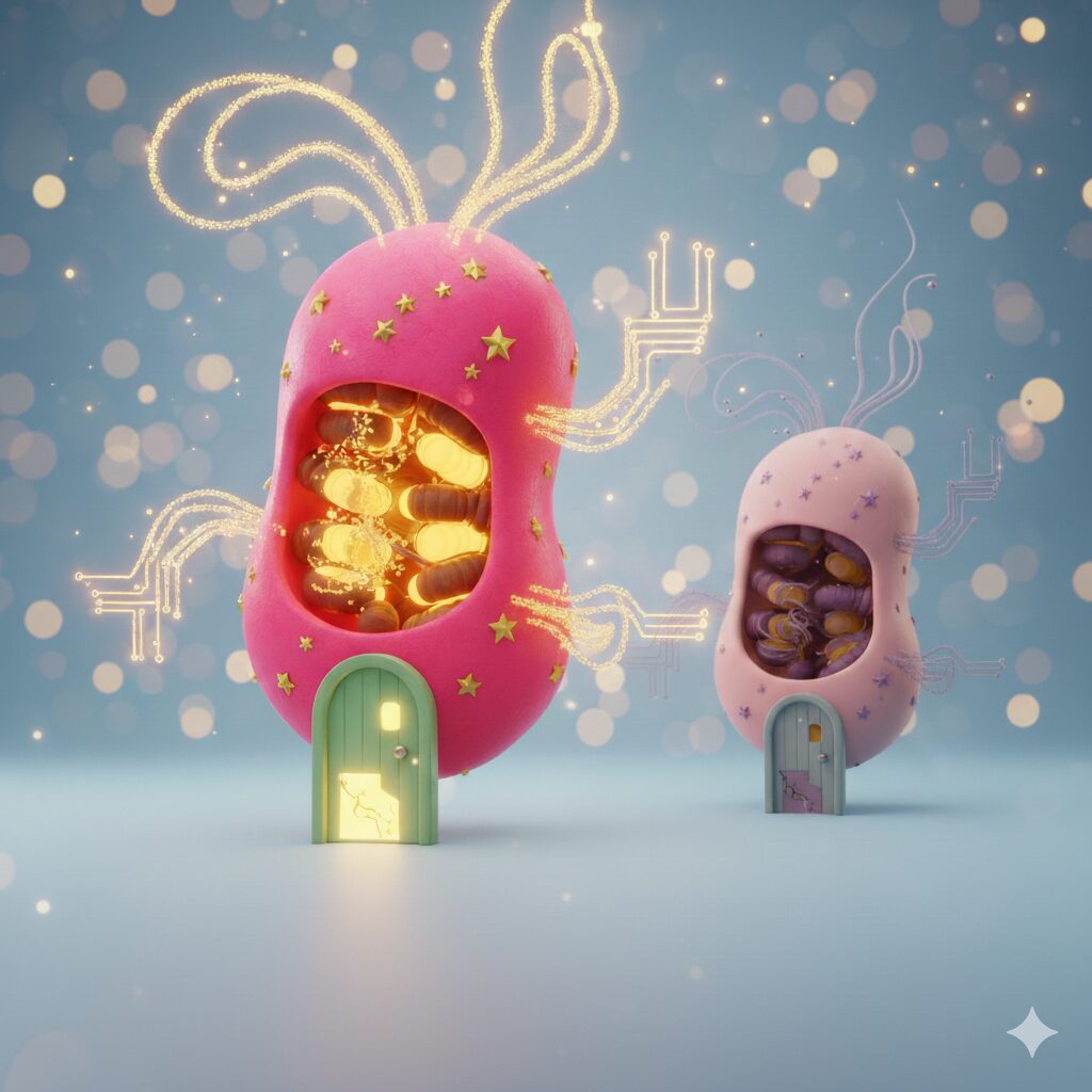 エネルギーをたくさん作れるミトコンドリアとあまり作れないミトコンドリア