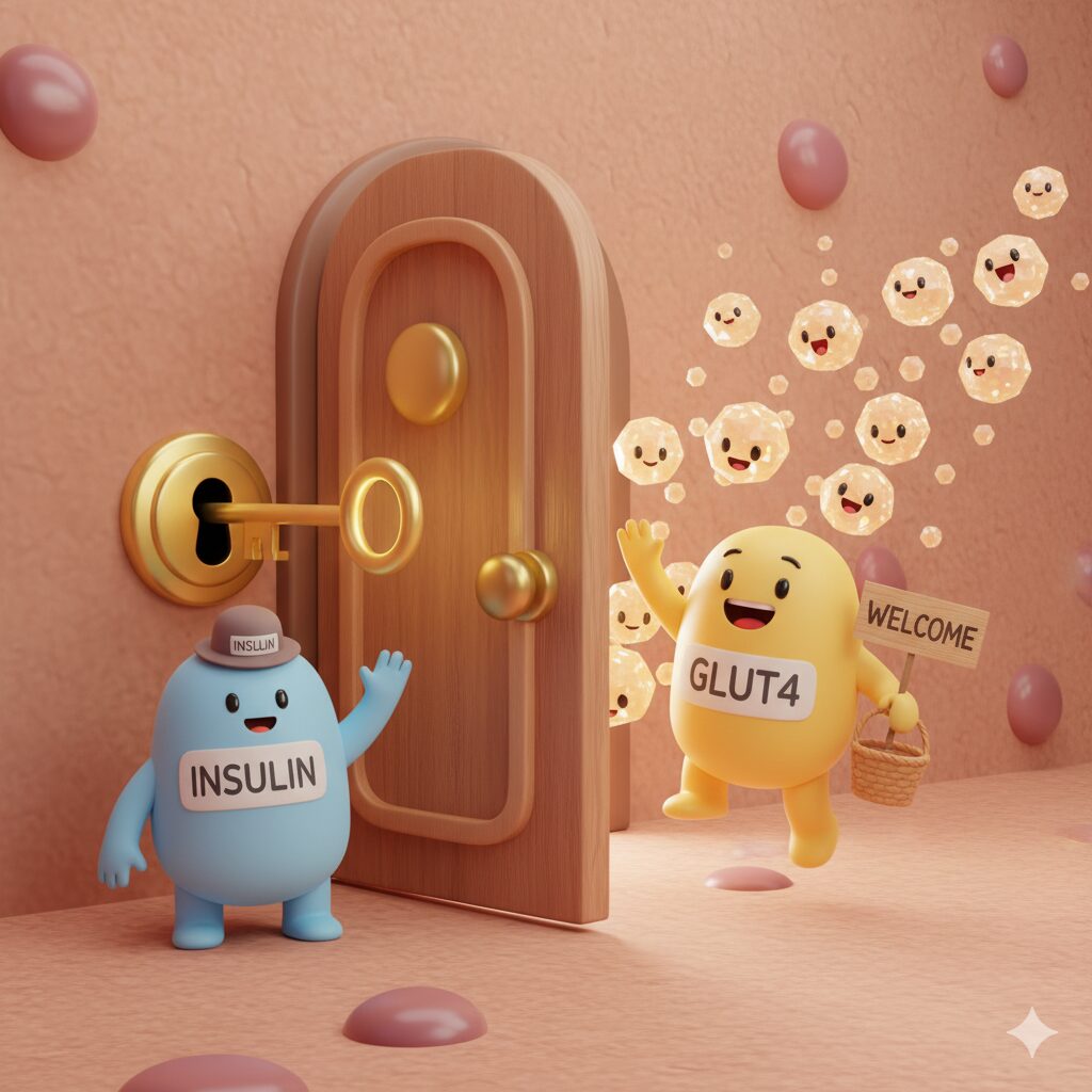 インスリンが細胞の扉を開け、GLUT4が糖を迎えに来るイラスト
