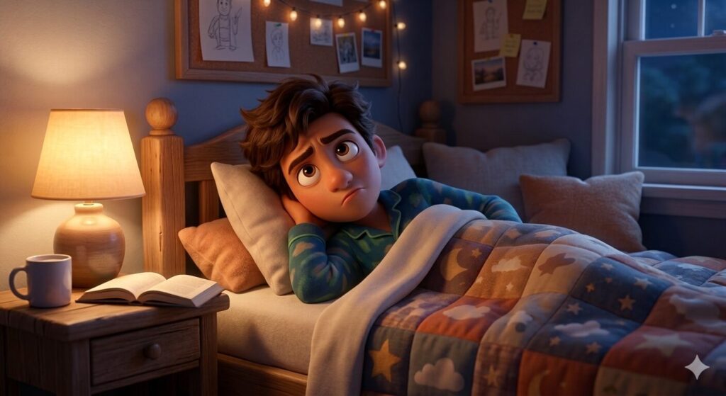 ヒスタミンの影響でなかなか眠れない男性のイラスト