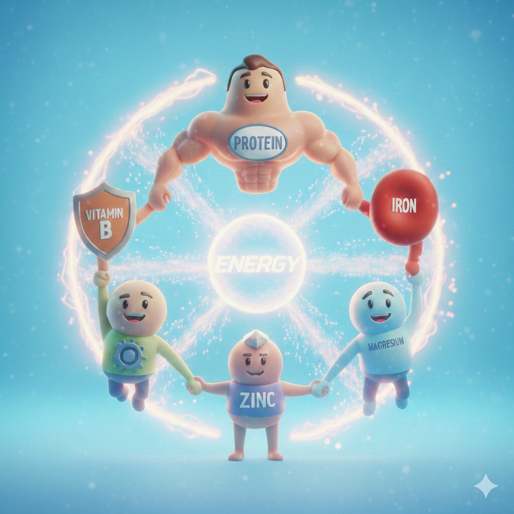 たんぱく質がビタミンB、亜鉛、鉄、マグネシウムとエネルギーを作っている