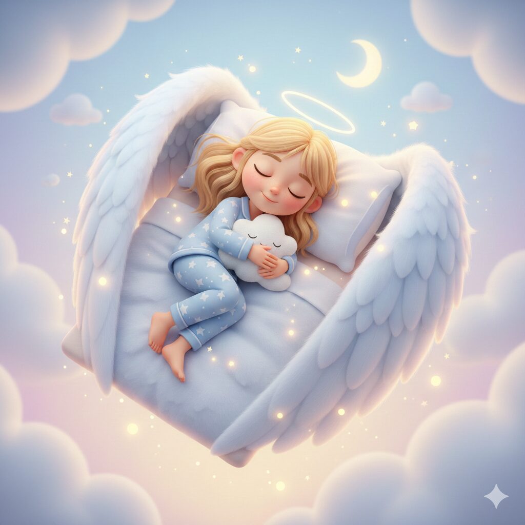 女の子がまるで羽のようなベッドで微笑んで寝ているイラスト
