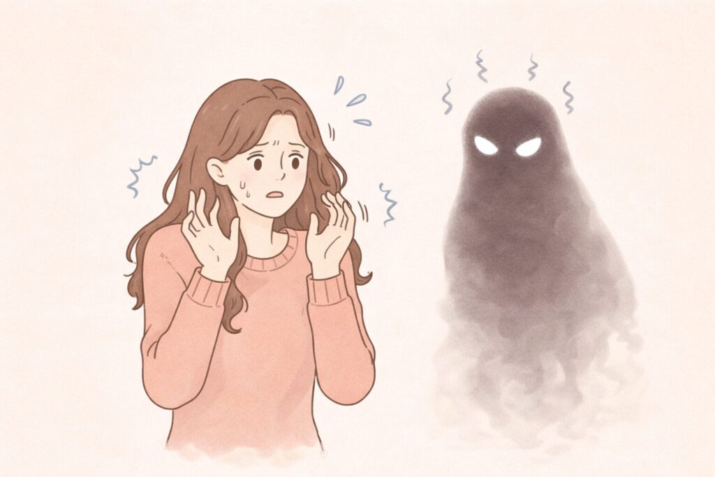 女性が得体のしれないものに遭遇してフリーズしているイラスト