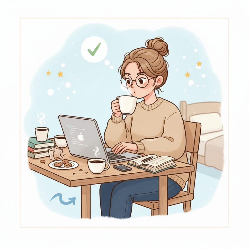 コーヒーを飲み続けながらパソコンでバリバリ仕事をこなす女性のイラスト
