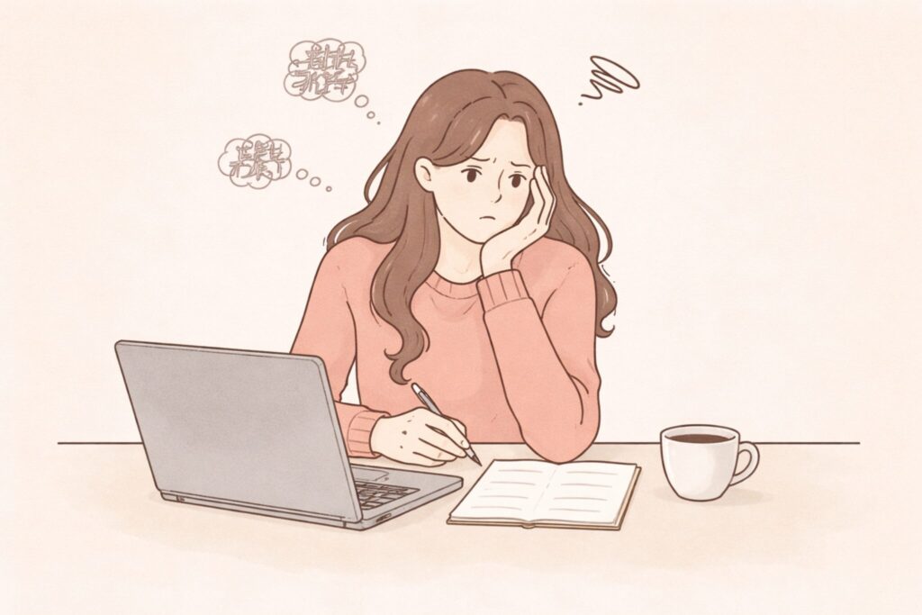 女性がブログを書こうとしているのに、体も頭もフリーズして書き進められないイラスト